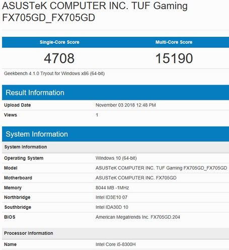 Бенчмарк Geekbench - тест ASUS TUF Gaming FX705GD