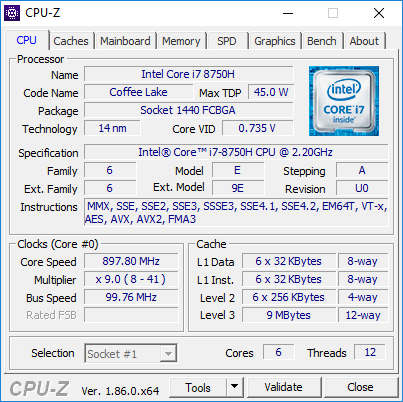 Утилита CPU-Z, данные процессора Intel Core i7-8750H в ноутбуке ASUS ROG Zephyrus M GM501GS