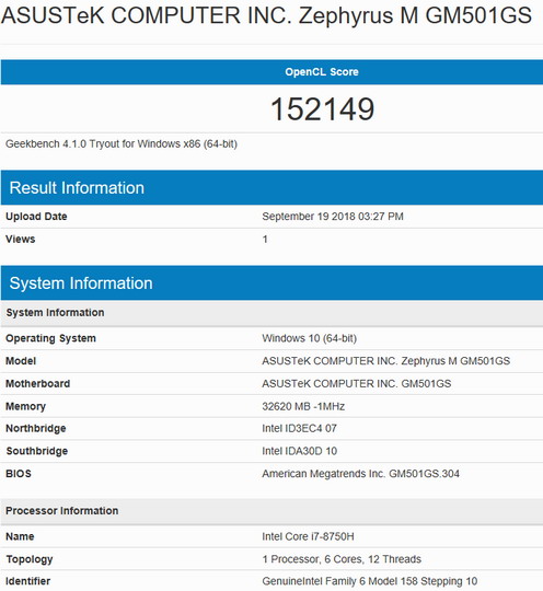 Тест Geekbench в игровом ноутбуке ASUS ROG Zephyrus M GM501GS