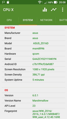 Информация утилиты CPU X о смартфоне Asus Zenfone 3 Deluxe (ZS570KL)