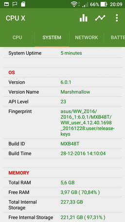 Информация утилиты CPU X о смартфоне Asus Zenfone 3 Deluxe (ZS570KL)