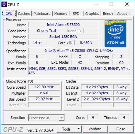 Утилита CPU-Z, данные процессора Intel Atom x5 Z8300 (Cherry Trail)