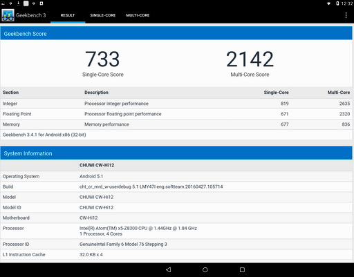 бенчмарк geekbench для планшета Chuwi Hi12 - результаты