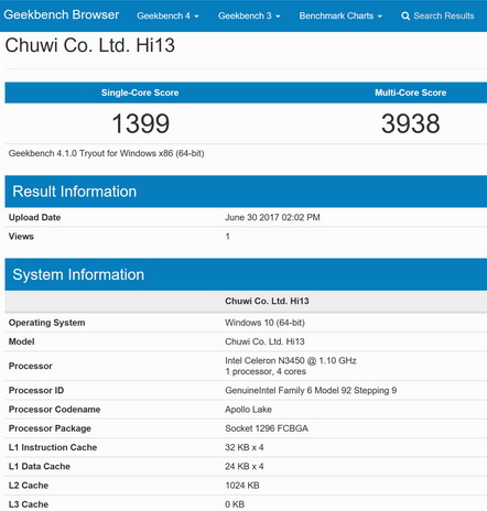 Тест Geekbench в планшете Chuwi Hi13 под windows 10