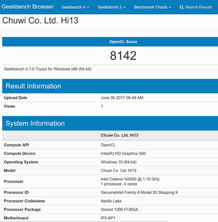 Тест Geekbench в планшете Chuwi Hi13 под windows 10
