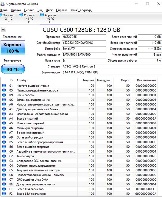 SSD CUSU C300 128 GB SATA - состояние после теста линейной записи на весь объём