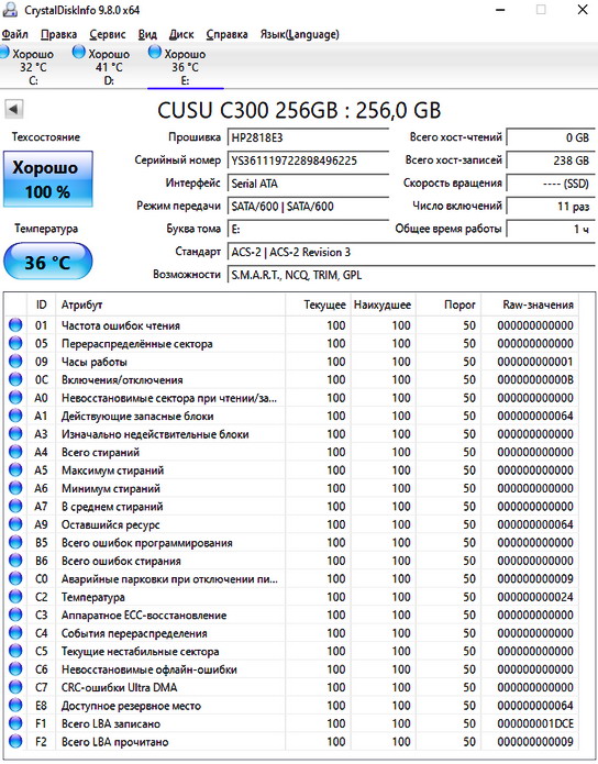 SSD CUSU C300 256 GB SATA - состояние после теста линейной записи на весь объём