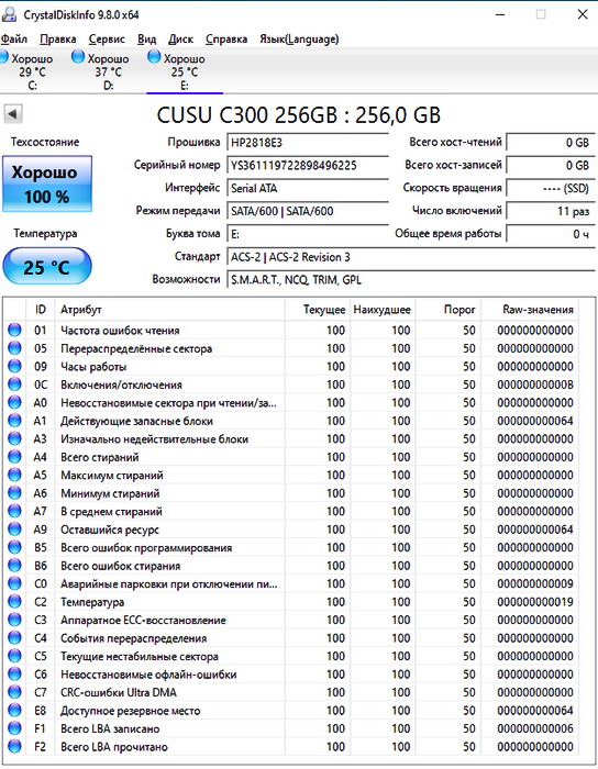 SSD CUSU C300 256 GB SATA - состояние в статике (без выполнения операций)