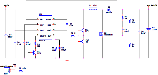 Типовая схема включения повышающего DC-DC преобразователя FP5139
