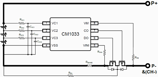 Типовая схема включения контроллера BMS и защиты CM1033 (аналог CSC5113)