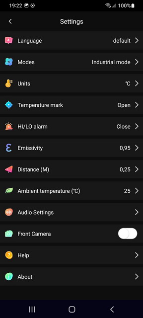 Uti260M - настройки приложения Thermal Mobile