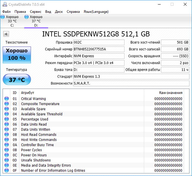 Smart-атрибуты твердотельного накопителя SSD intel SSDPEKNW512G8X1 на 512 ГБ (серия &nbsp;Intel 660p)