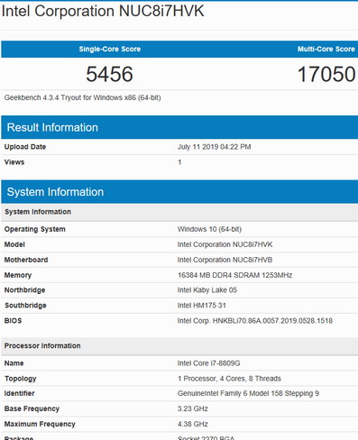 Тест производительности Intel NUC NUC8i7HVK (BOXNUC8i7HVK2)