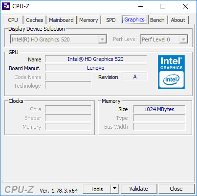 Утилита CPU-Z, данные графического процессора Intel Graphics 520 в ноутбуке Lenovo V100-15ISK