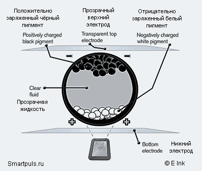 Принцип работы экрана e-ink на "электронных чернилах"
