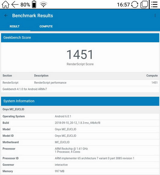 Результат теста Geekbench на onyx boox euclid