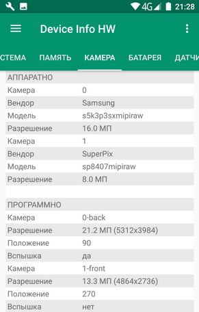 Раздел "Камера" из диагностического приложения для Android "Device Info HW"