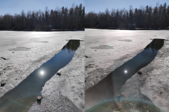 Фото отражения Солнца в воде без поляризационных очков и через них