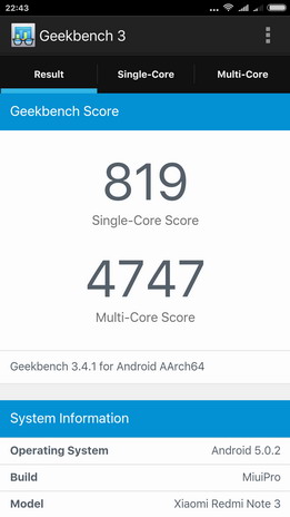 Тест Geekbench3 в телефоне xiaomi redmi note 3